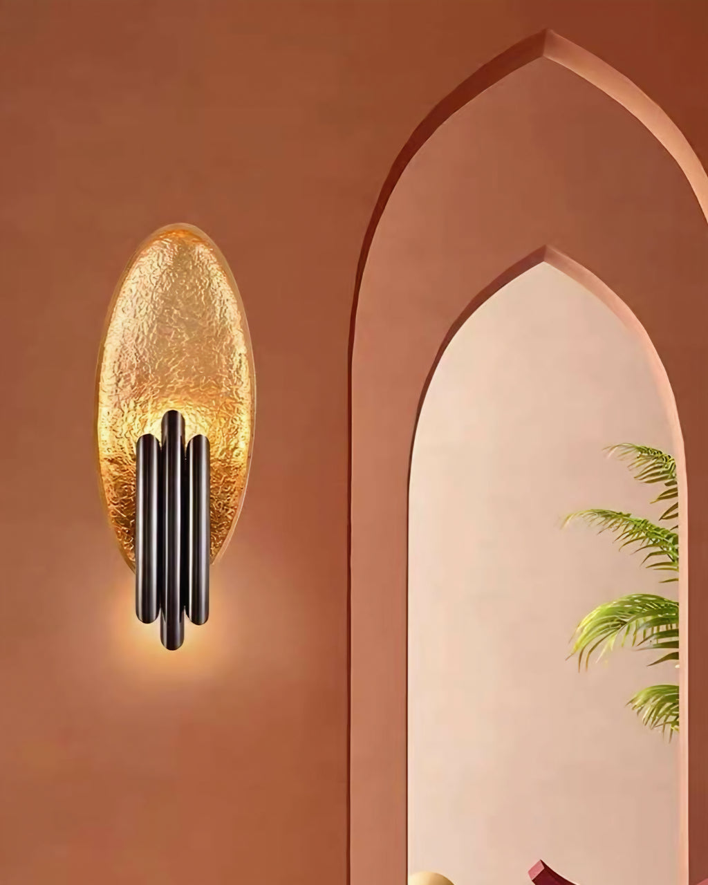 Elliptical Gold Leaf Wall Sconce (Black Accent)