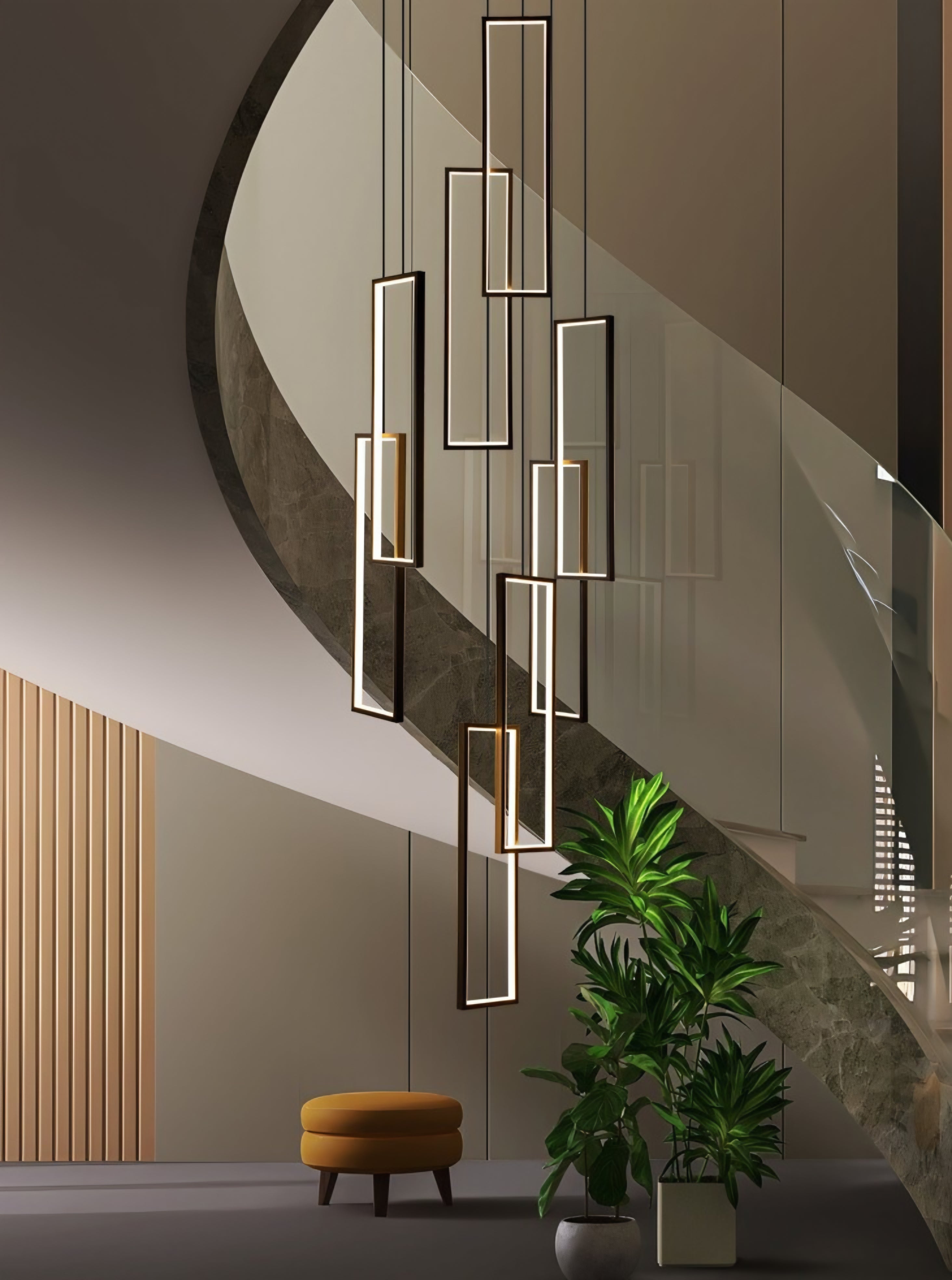 Modern Minimalist Large Rectangular (1000mm × 200mm) 12-Drop LED Staircase Chandelier – Black