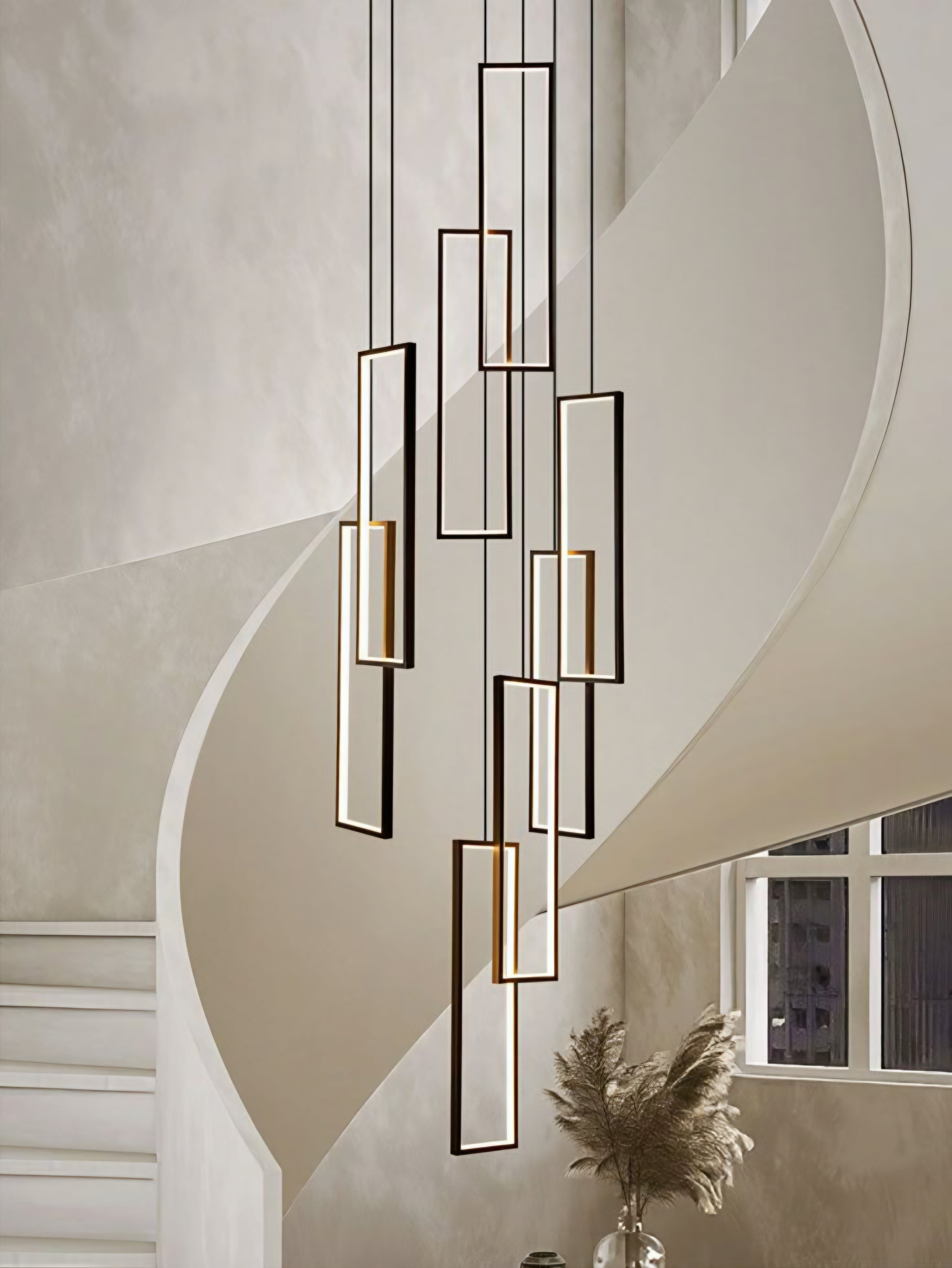 Modern Minimalist Large Rectangular (1000mm × 200mm) 12-Drop LED Staircase Chandelier – Black