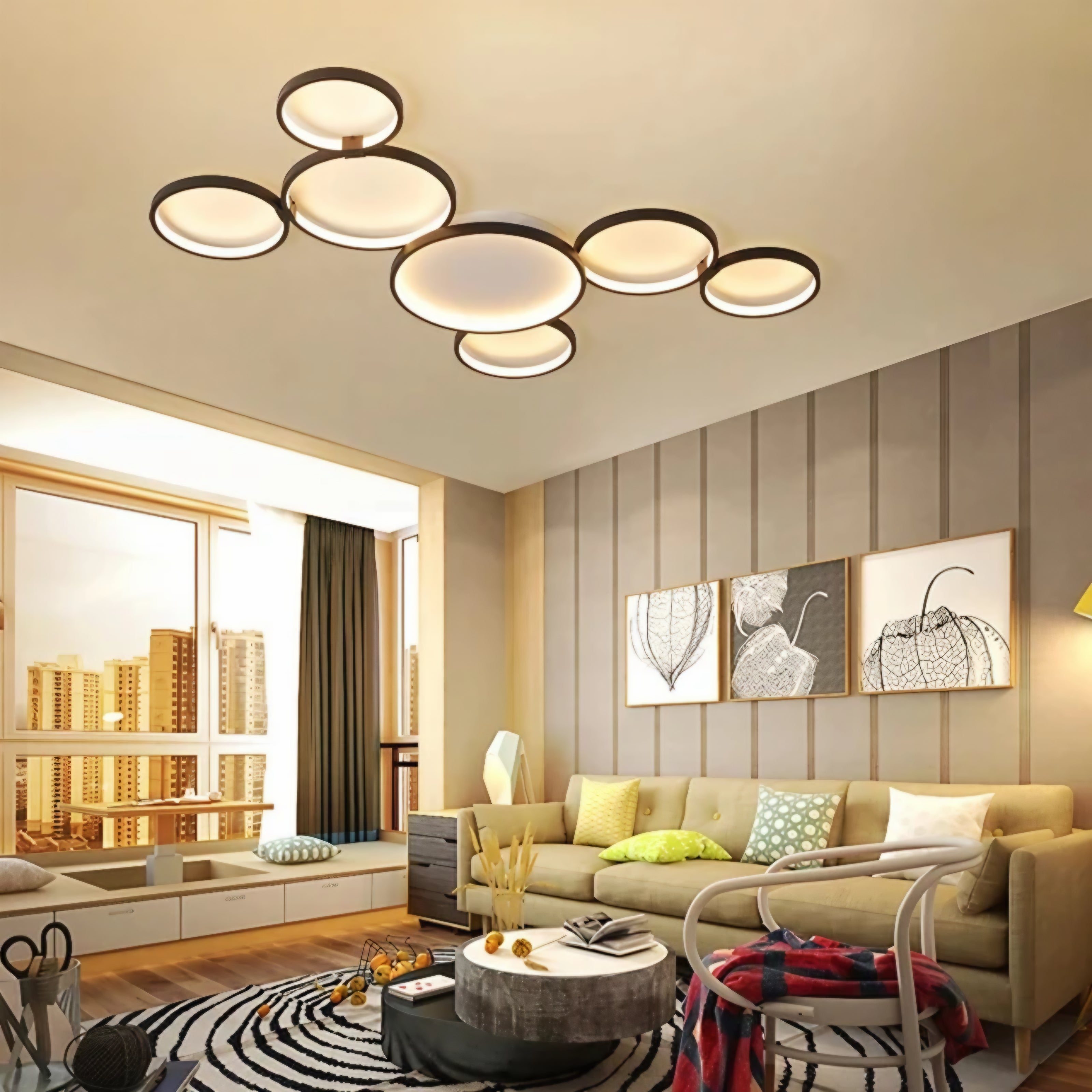 VONN Capella ModernLED 7 Rings Ceiling Flush Light – Black/White (L117 × W70 × H6cm)