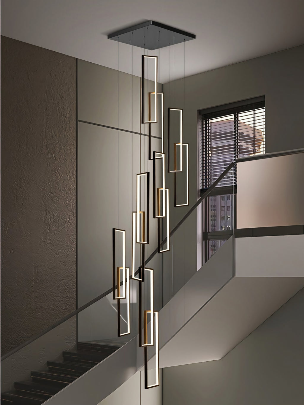 Modern Minimalist Large Rectangular (1000mm × 200mm) 12-Drop LED Staircase Chandelier – Black