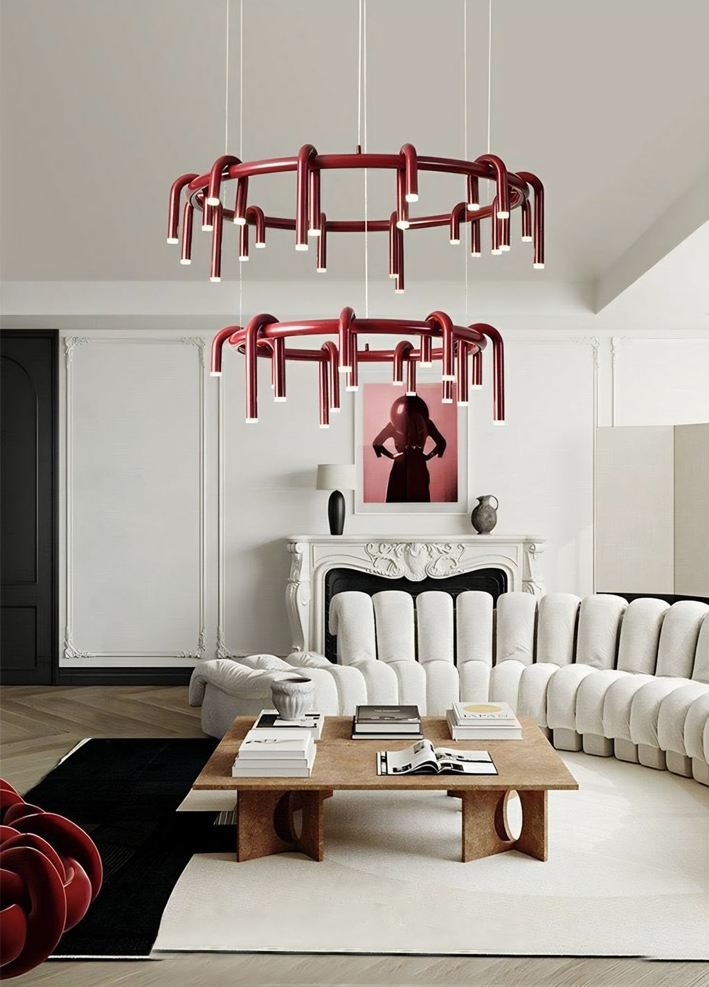 Modern Nordic U-Shaped Tube LED Chandelier – Red (110cm + 80cm + 60cm)