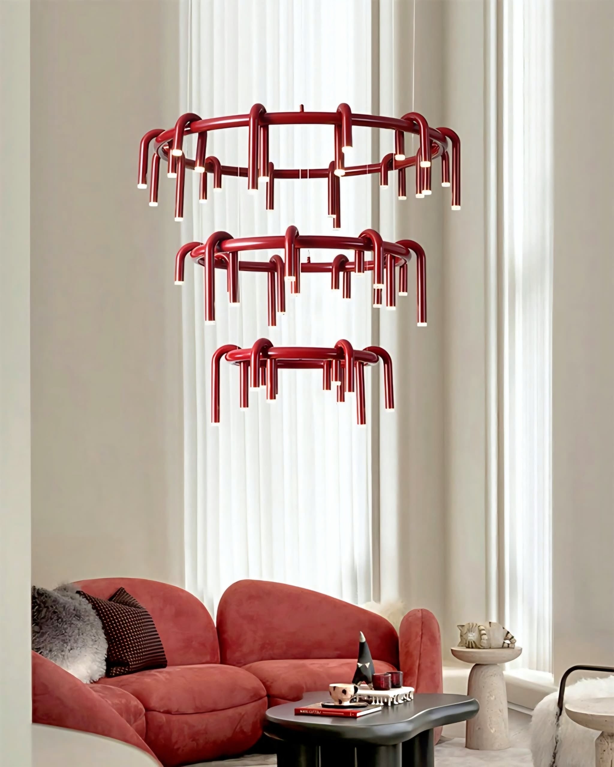 Modern Nordic U-Shaped Tube LED Chandelier – Red (110cm + 80cm + 60cm)